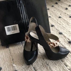 Gunmetal Heels. Black with faux animal print strap